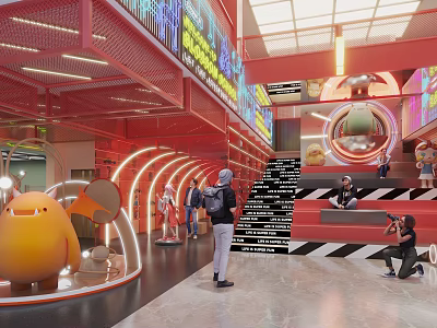 Vibrant Red Specialty Store With Neon Lights Black White Striped Staircase And Cartoon Mascot 3d model