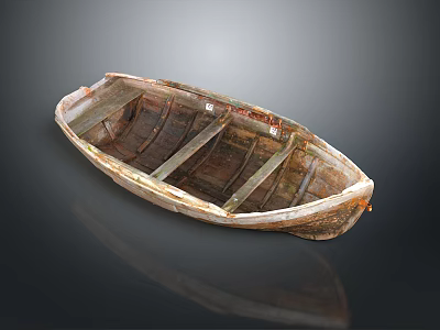 Vintage Wooden Boat With Worn Wood Texture And Classic Shape On Reflective Surface 3d model