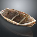 Vintage Wooden Boat With Worn Wood Texture And Classic Shape On Reflective Surface