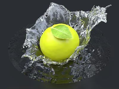 Stylish Decorative Ornament Set Featuring Green Apple Water Splash and Green Leaf on Black Background 3d model