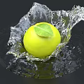 Stylish Decorative Ornament Set Featuring Green Apple Water Splash and Green Leaf on Black Background