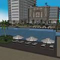 Elegant THE BANK Building Exterior with Glass Doors Decorative Columns Benches and Green Plants