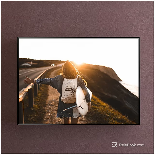 Framed Portrait Painting of Girl with Outstretched Arm Carrying Surfboard at Sunset by Cliff Road 3d model 