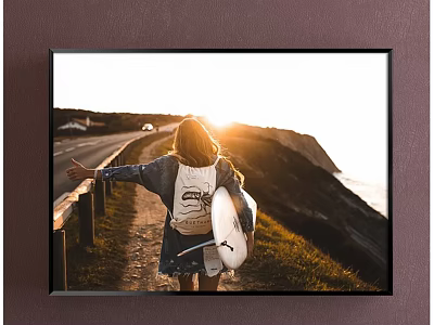 Framed Portrait Painting of Girl with Outstretched Arm Carrying Surfboard at Sunset by Cliff Road 3d model