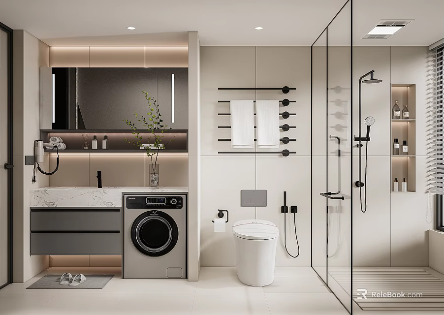 Modern Bathroom Interior Design With Washing Machine Toilet Glass Shower Vanity And Mirror 3d model 
