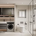 Modern Bathroom Interior Design With Washing Machine Toilet Glass Shower Vanity And Mirror