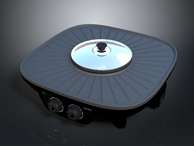 Black Square Electric Griddle with Round Lid Control Knobs and Ribbed Cooking Surface 3d model