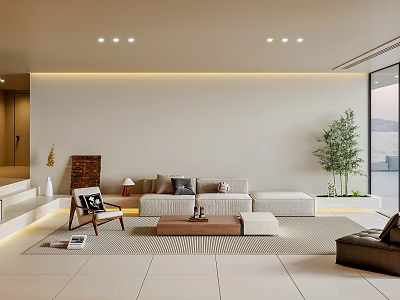 Modern Living Room Interior With Sofa Coffee Table Rug Plant And Floor To Ceiling Window 3d model
