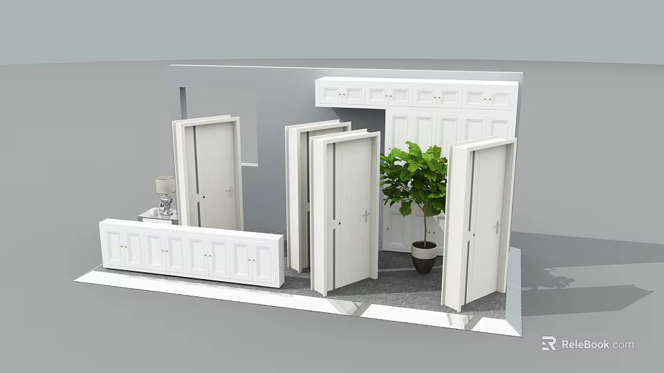 Various White Interior Doors Display With Cabinet And Green Potted Plant 3d model 