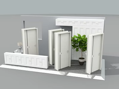 Various White Interior Doors Display With Cabinet And Green Potted Plant 3d model