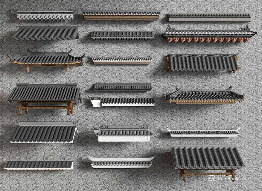 Traditional Architectural Roof Components With Various Classical Tile And Eave Designs 3d model 