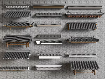 Traditional Architectural Roof Components With Various Classical Tile And Eave Designs 3d model
