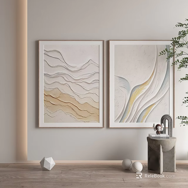Abstract Paintings Featuring Wavy Lines In Beige And Blue Tones For Living Room Wall Decor 3d model 