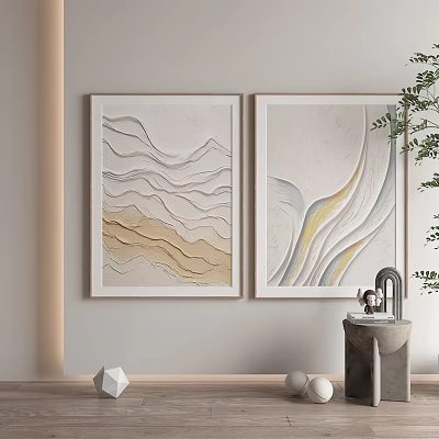 Abstract Paintings Featuring Wavy Lines In Beige And Blue Tones For Living Room Wall Decor 3d model