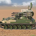 Military Camouflage Tank With Radar Missile Launchers And Dual Cannons In Desert Terrain