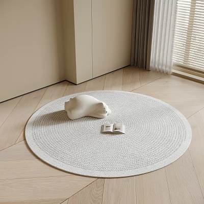 Minimalist White Woven Round Rug With White Sculpture And Open Book On Wooden Floor 3d model