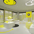 Smiley Brand Yellow Themed Clothing Store With Bright Display Shelves And Smiley Face Logo