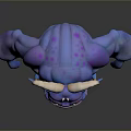 Game Movie Character With Blue Purple Skin Curved Horns Big Yellow Eyes Round Belly And Sharp Claws