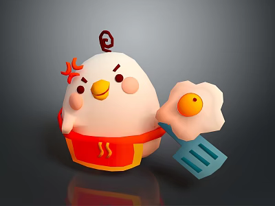 Cartoon Chicken Character In Red Apron With Fried Egg And Blue Spatula 3d model