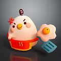 Cartoon Chicken Character In Red Apron With Fried Egg And Blue Spatula