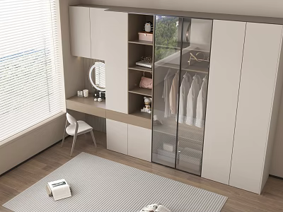 Modern Wardrobe Interior Design With Sliding Glass Doors Dressing Table And Hanging Clothes 3d model