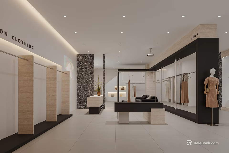 Modern Clothing Store Interior With Display Racks Mannequins Seating Decorative Walls And Bright Lighting 3d model 