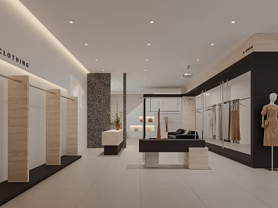 Modern Clothing Store Interior With Display Racks Mannequins Seating Decorative Walls And Bright Lighting 3d model