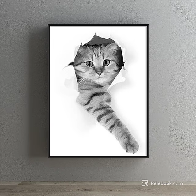 Black and White Striped Cat Peeking Through Torn Paper Animal Painting Artwork 3d model 