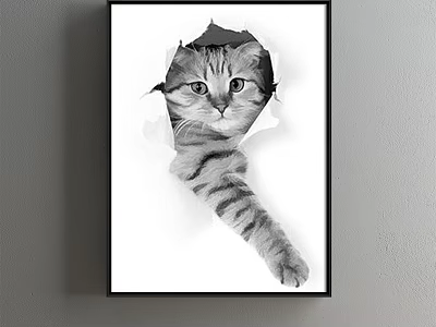 Black and White Striped Cat Peeking Through Torn Paper Animal Painting Artwork 3d model