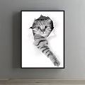 Black and White Striped Cat Peeking Through Torn Paper Animal Painting Artwork