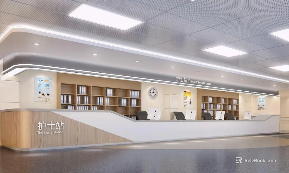 Modern Nurse Station Interior With Reception Desk Bookshelves And Clock 3d model 