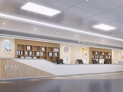 Modern Nurse Station Interior With Reception Desk Bookshelves And Clock 3d model