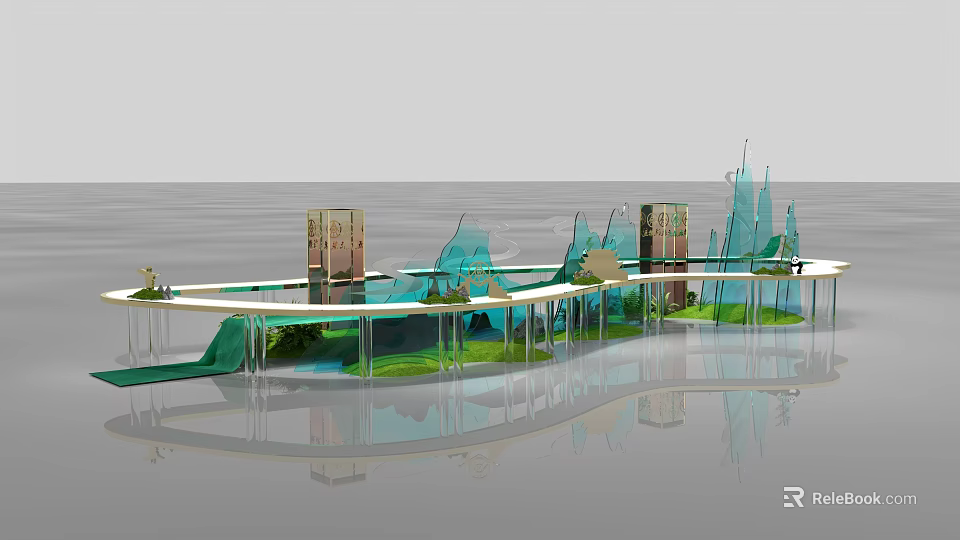 Modern Blue Green Banquet Hall Interior Design With Curved Glass Decor And Lighting 3d model 
