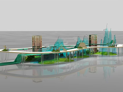 Modern Blue Green Banquet Hall Interior Design With Curved Glass Decor And Lighting 3d model