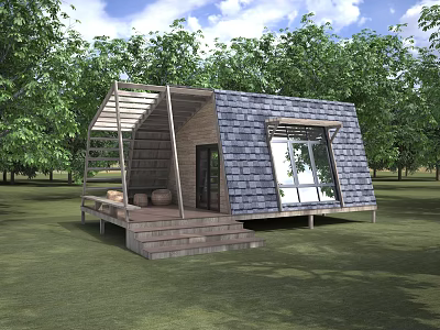 Modern Cabin With Sloped Roof Large Windows Wooden Structure on Green Lawn Surrounded by Trees 3d model