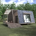 Modern Cabin With Sloped Roof Large Windows Wooden Structure on Green Lawn Surrounded by Trees