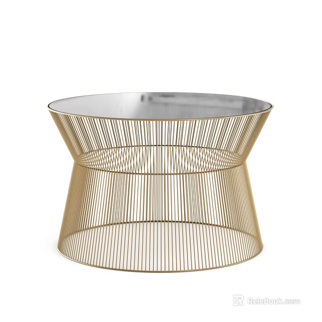 Round Golden Metal Wire Coffee Table With Mirrored Top And Modern Design 3d model 