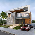Modern Detached Villa Exterior With Stone Wall Palm Trees And Entrance Steps