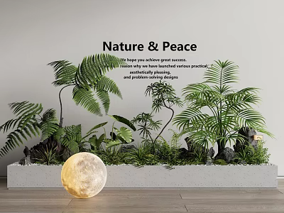 Nature Peace Garden Landscape with Green Plants Ferns Palm Leaves Stones and Moon Sculpture 3d model