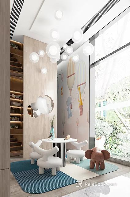 Colorful Kindergarten Interior With Balloon Decorations Cartoon Animal Art Kids Tables And Bright Lighting 3d model 