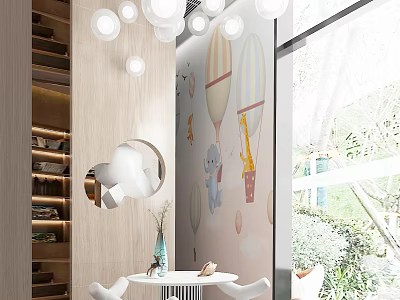 Colorful Kindergarten Interior With Balloon Decorations Cartoon Animal Art Kids Tables And Bright Lighting 3d model