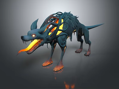 Game Movie Character Fantasy Fiery Blue Wolf with Glowing Eyes Open Mouth and Luminous Claws 3d model
