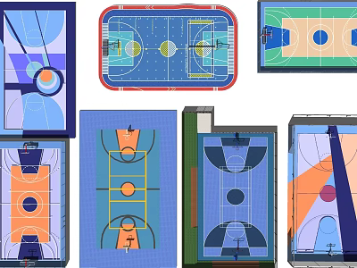 Different Colored Basketball Court Floor Plans With Various Layout Designs 3d model