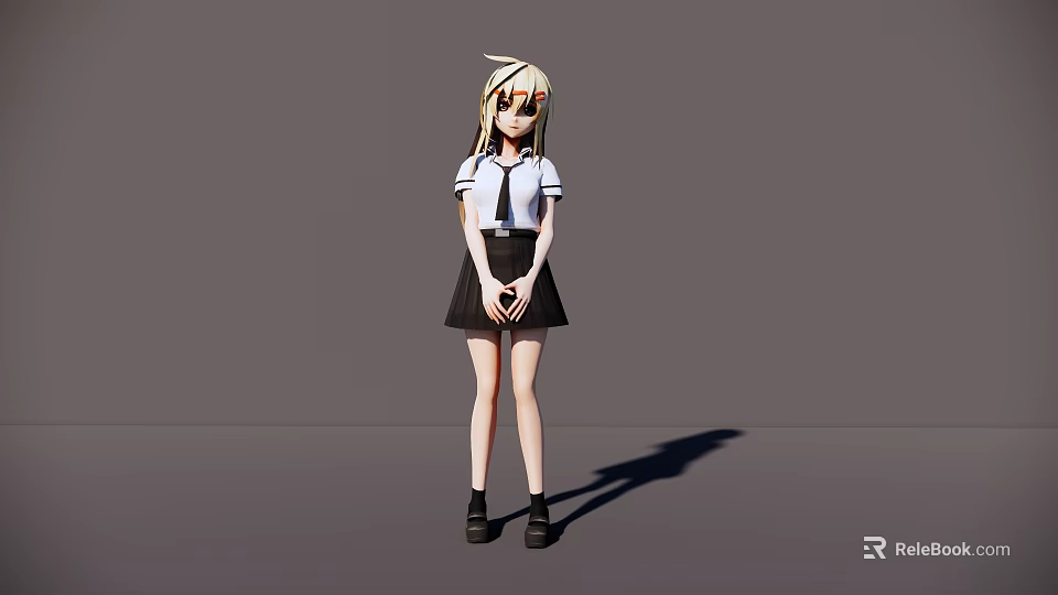 Game Anime Character With Blonde Hair White Shirt Black Skirt Standing Pose Hands Clasped 3d model 
