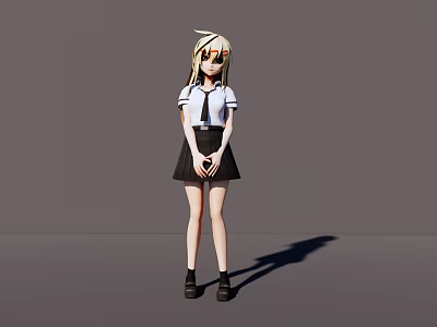 Game Anime Character With Blonde Hair White Shirt Black Skirt Standing Pose Hands Clasped 3d model