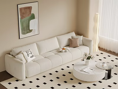 Modern Living Room With Beige Sofa Geometric Rug Round Coffee Table And Abstract Painting 3d model