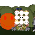 Giant Yellow Smiley Face Photo Spot With Mirror Wall Hello Sign And Flower Arrangement