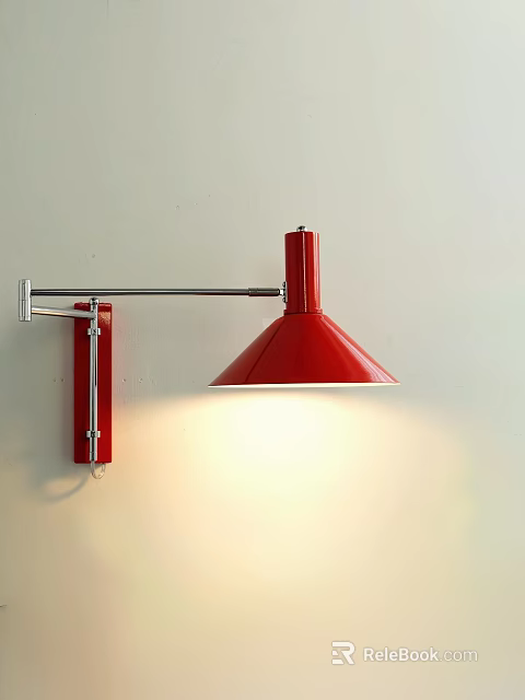Modern Red Lampshade Wall Lamp With Silver Metal Arm On White Wall Illuminated 3d model 