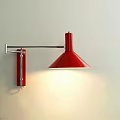 Modern Red Lampshade Wall Lamp With Silver Metal Arm On White Wall Illuminated