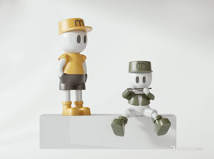 Two Dolls Standing and Sitting with Yellow and Green Hats Tops Shoes on White Platform 3d model 